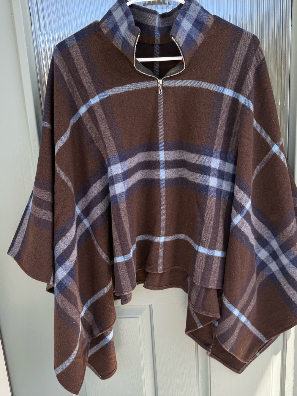Burberry London Plaid Merino Wool Cashmere Poncho Cape Brown Blue 1/4 Zip
